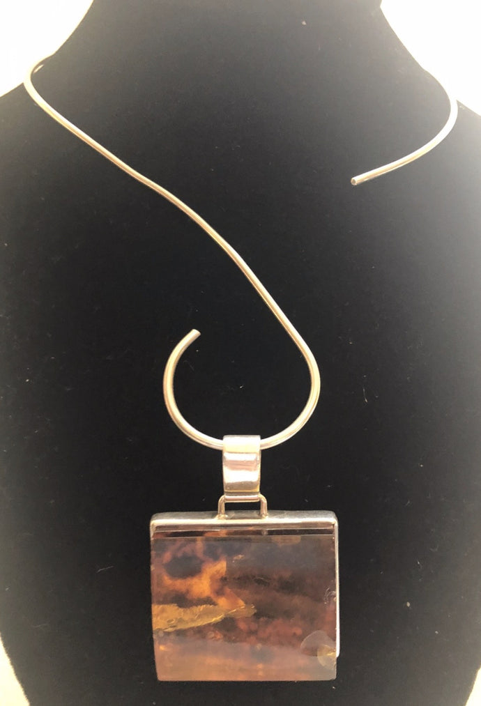 Amber Square Sunset Sterling Silver Pendent