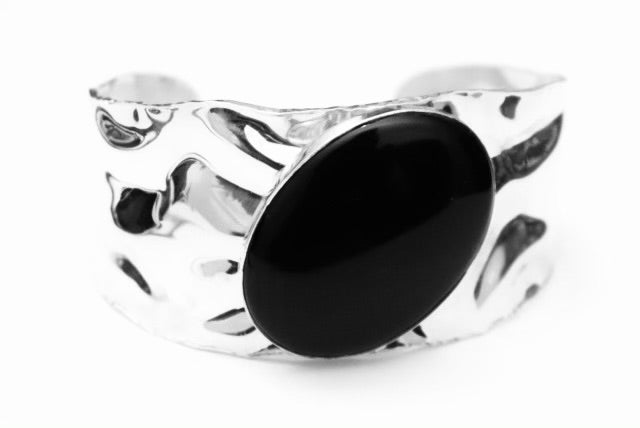 High Polished Hammered Wide Sterling Silver Cuff With Large Onyx Stone