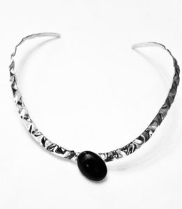 18" Hammered Sterling Silver Cuff With Onyx Stone